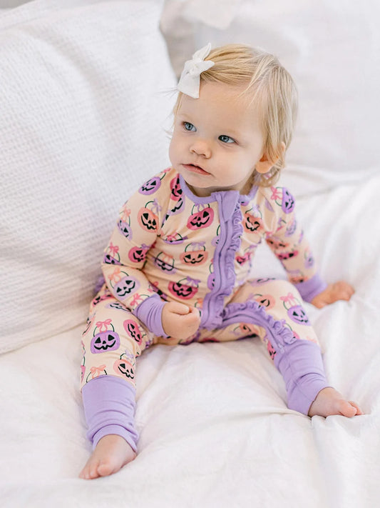 Pink Halloween Bucket Bamboo Ruffle Romper