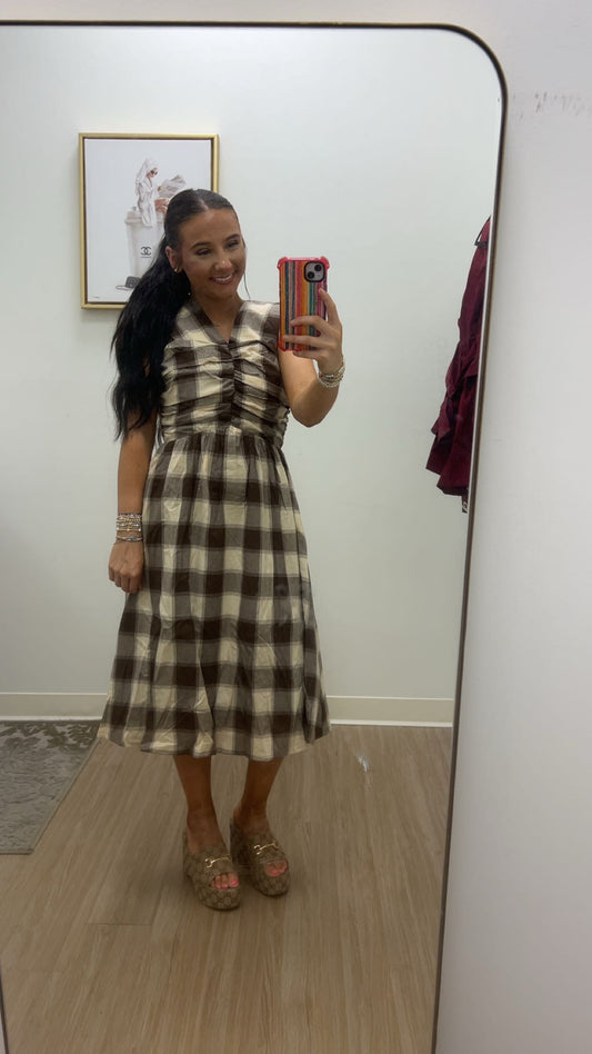 Checkered Brown Midi Dress