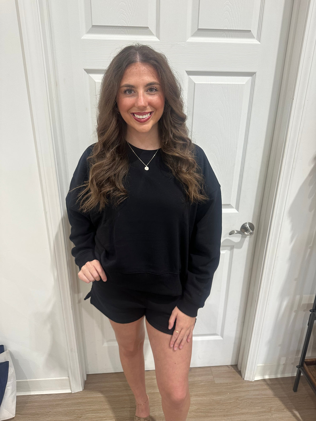 On the Run Long Sleeve Short Set-Black