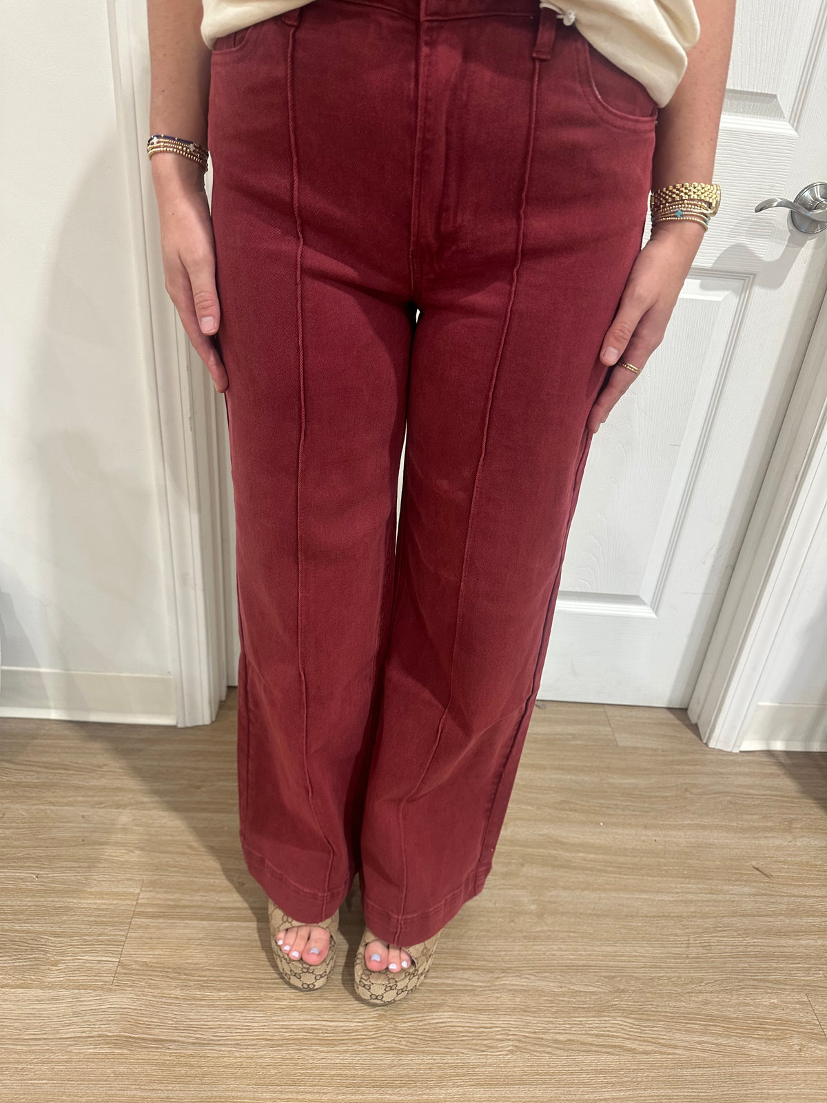 High Rise Pintuck Jeans-Burgundy
