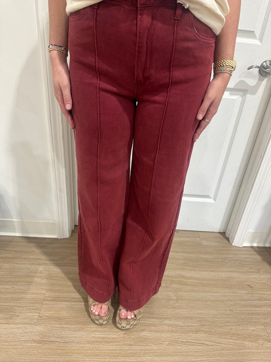 High Rise Pintuck Jeans-Burgundy