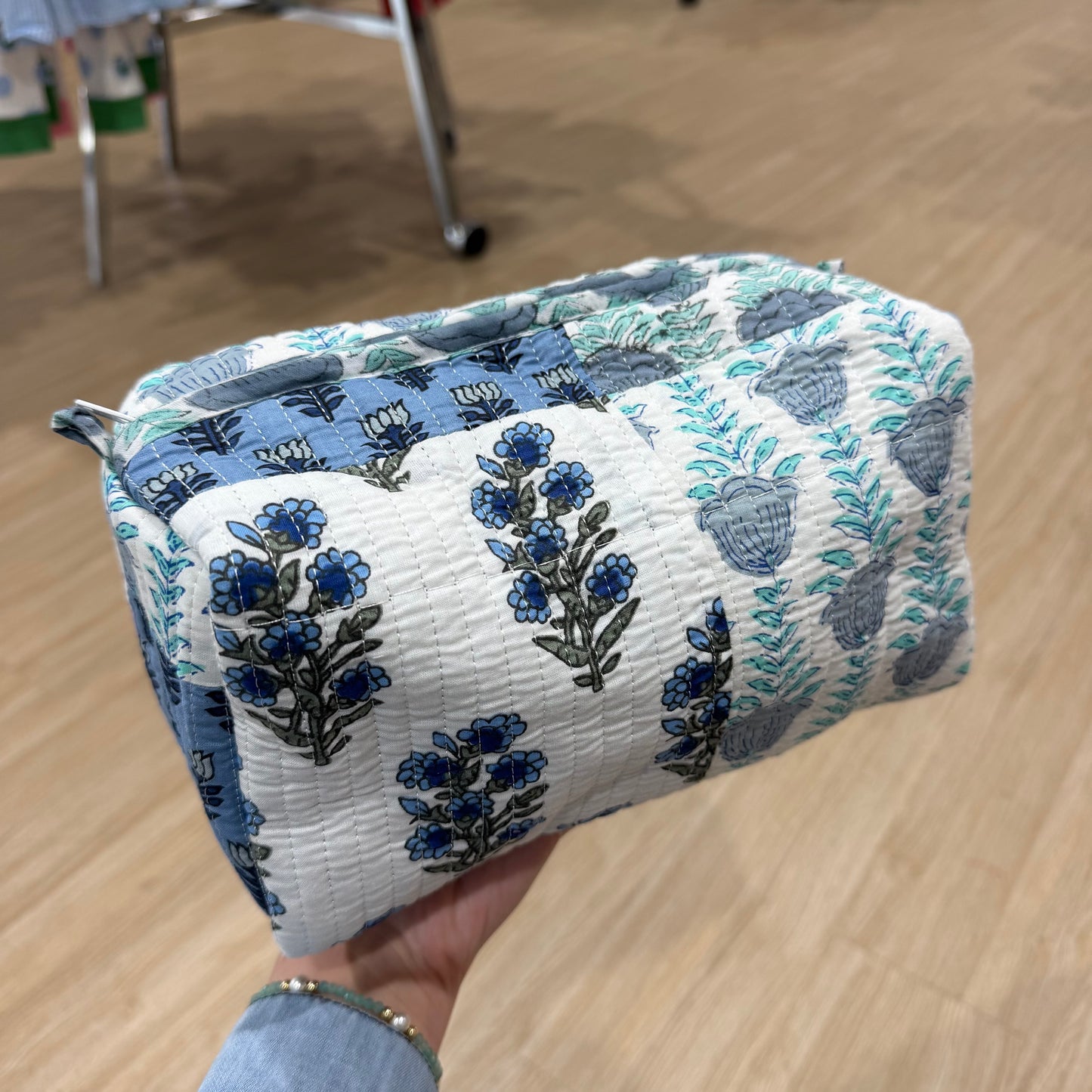 3 Piece Blue Patchwork Zipper Pouch