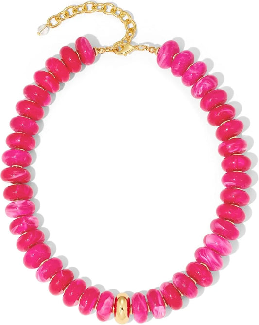 Beaded Necklace w/ Gold | Hot Pink