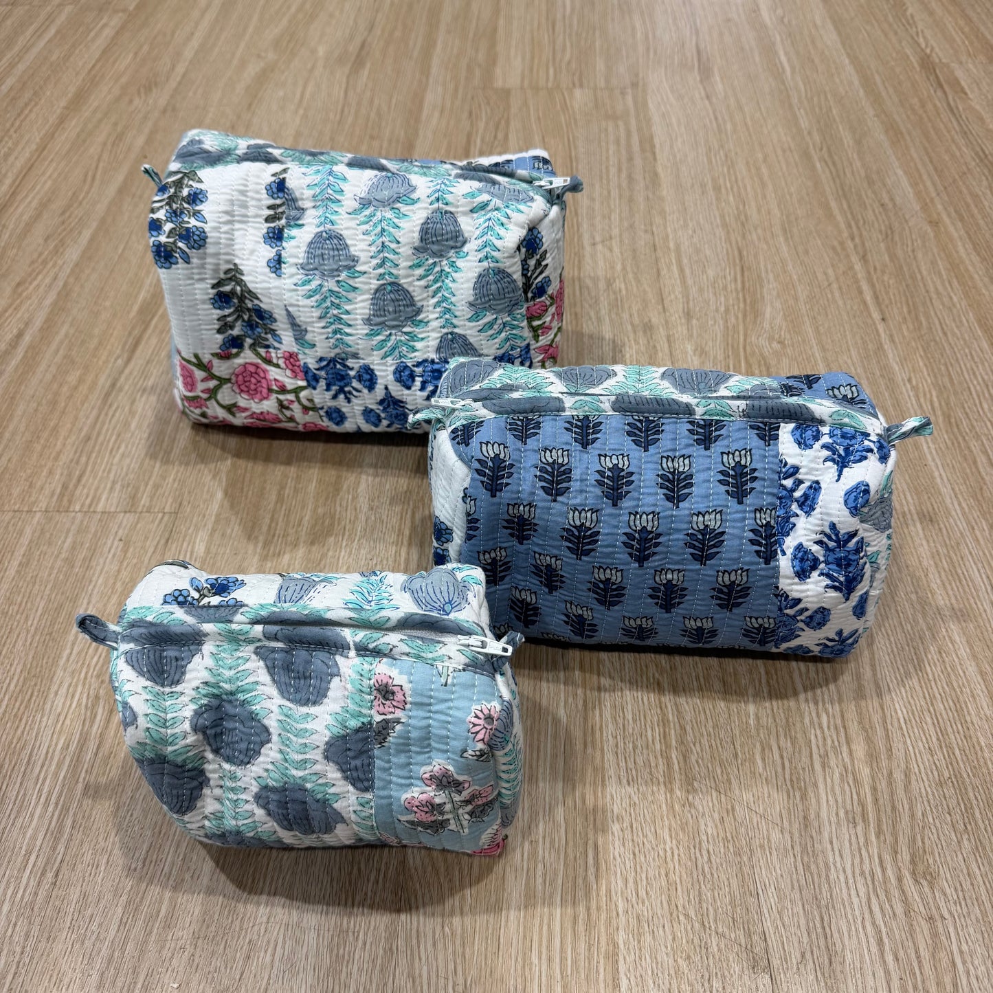 3 Piece Blue Patchwork Zipper Pouch