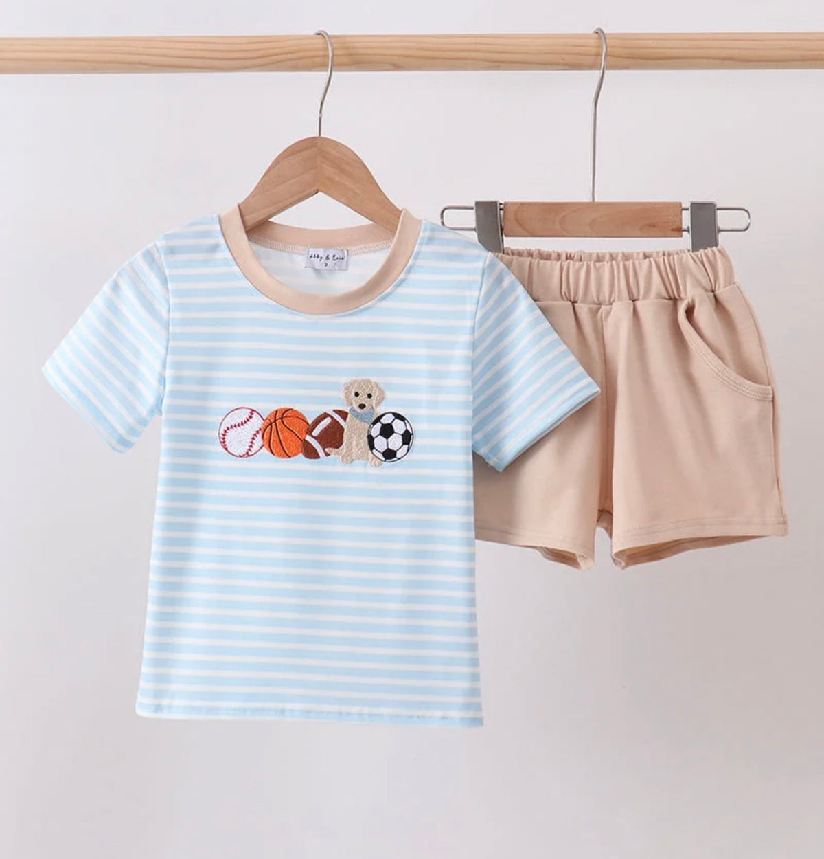 Blue Puppy Ball Embroidered Stripe Short Set