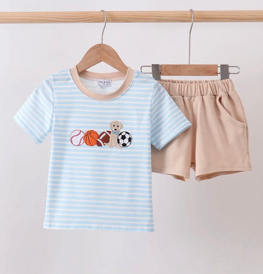 Blue Puppy Ball Embroidered Stripe Short Set