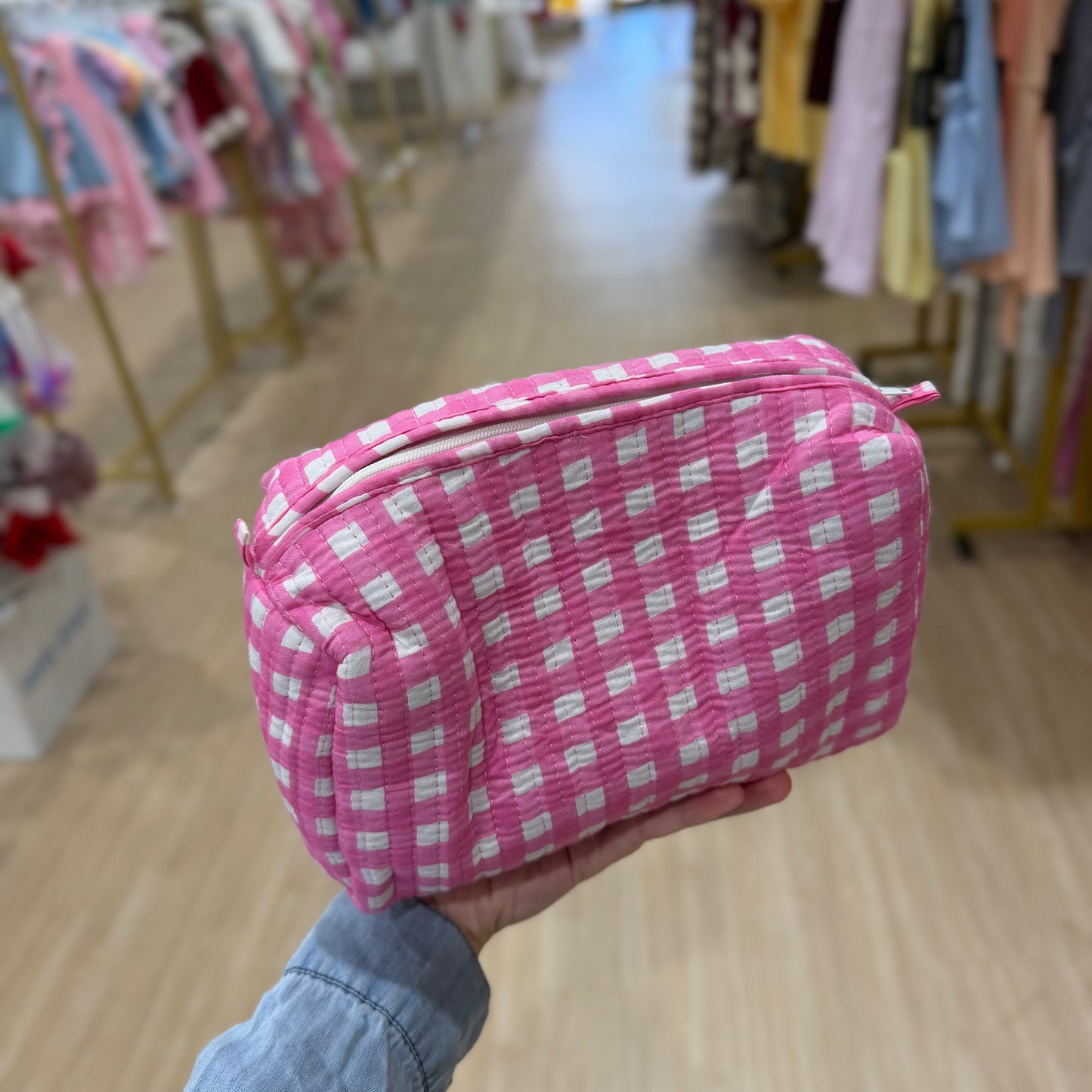 3 Piece Pink Gingham Zipper Pouch