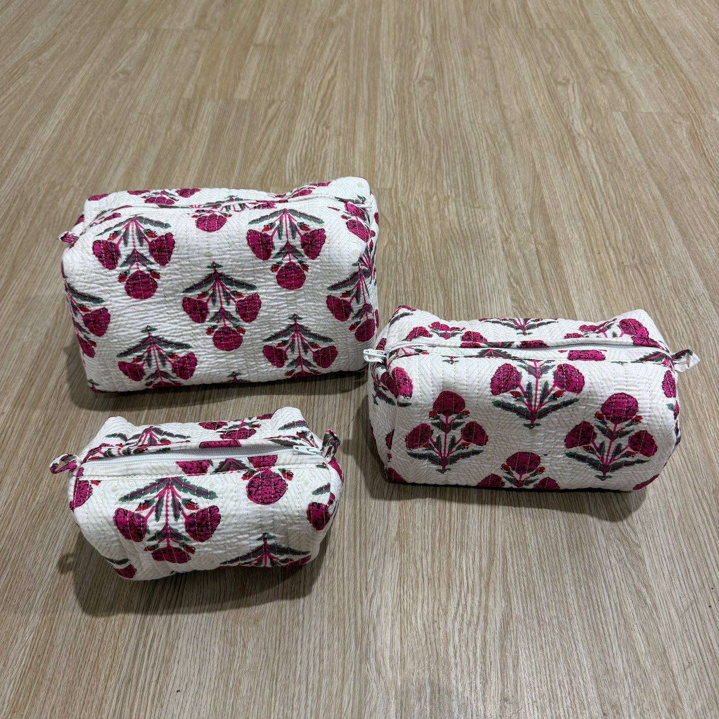 3 Piece Pink Floral Zipper Pouch