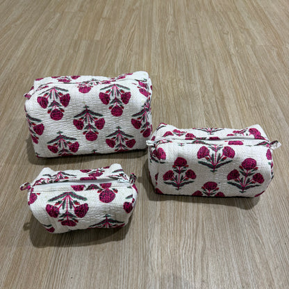 3 Piece Pink Floral Zipper Pouch