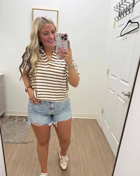 Brown Stripe Collard Top