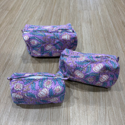 3 Piece Purple Floral Zipper Pouch