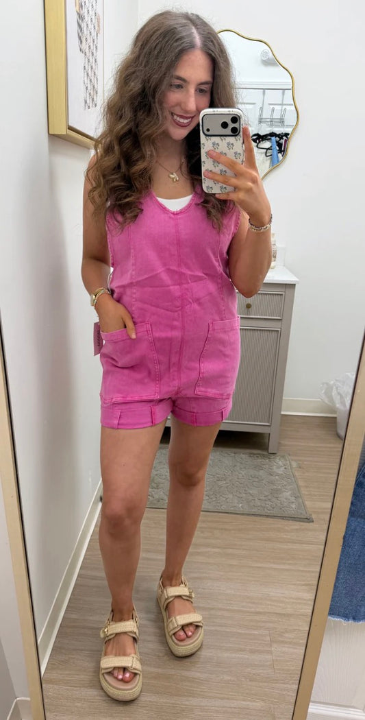 Hot Pink Washed Denim Romper