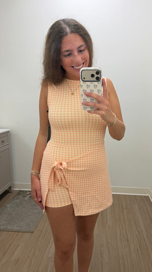 Peach Gingham Front Tie Wrap Dress