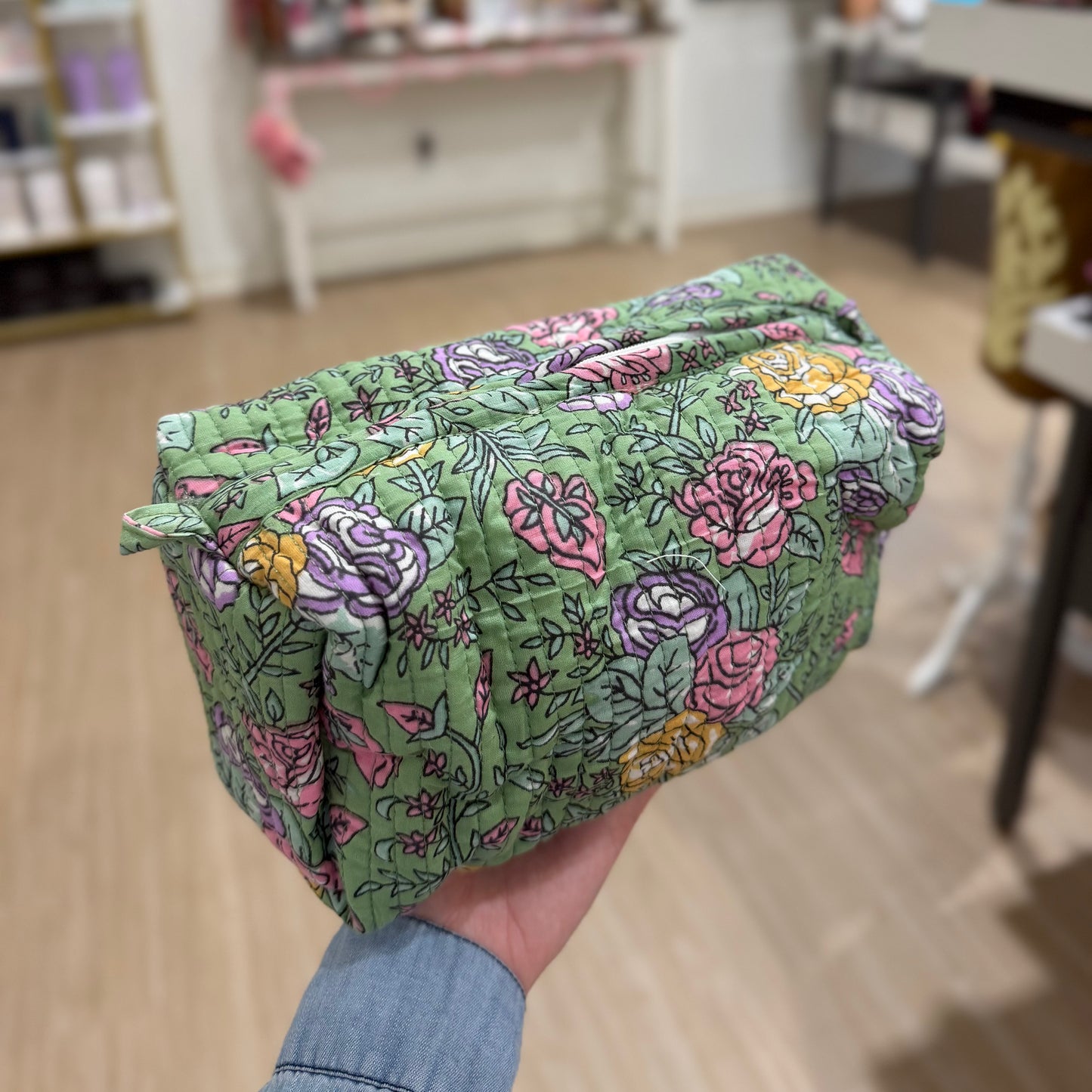 3 Piece Green Floral Zipper Pouch