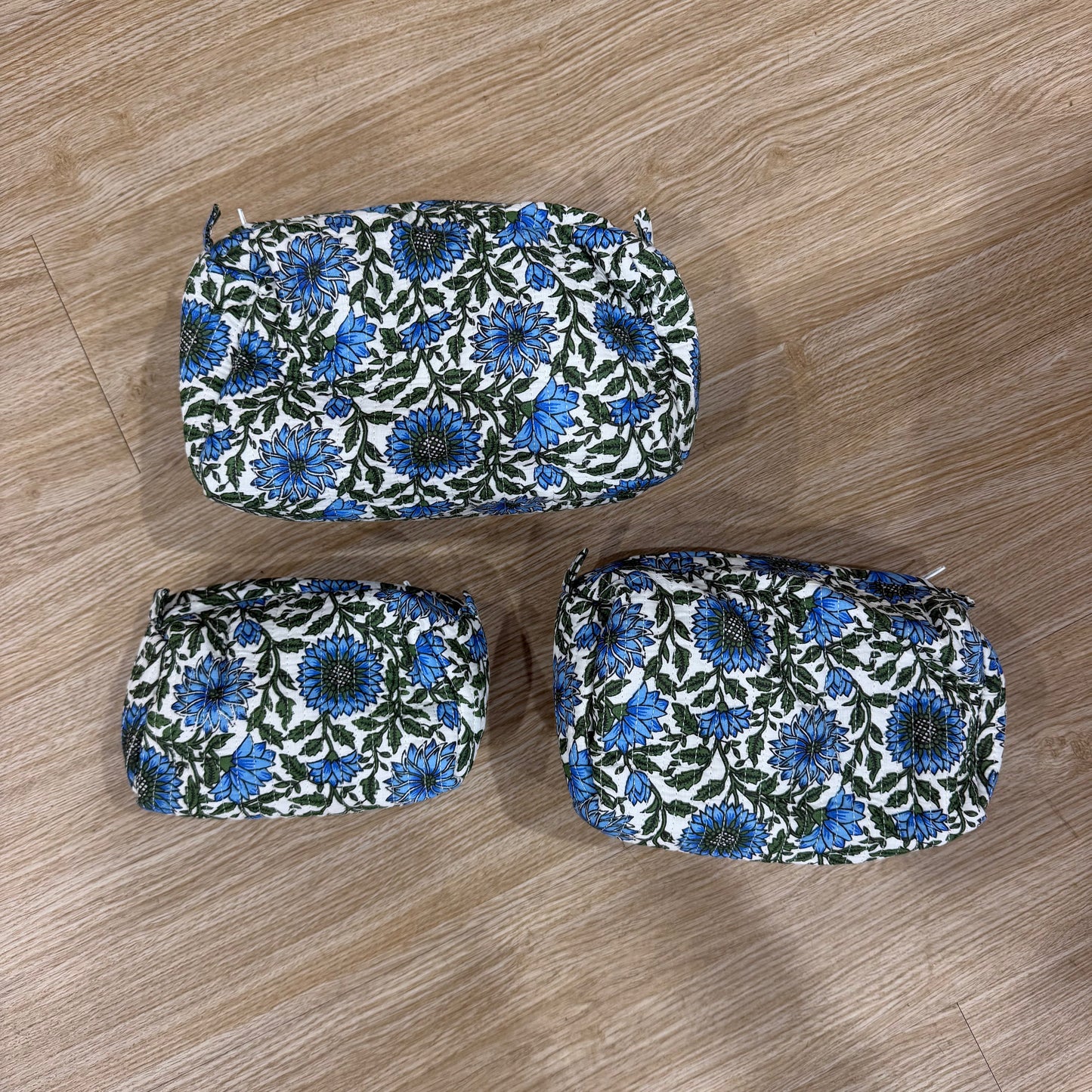 3 Piece Blue Floral Zipper Pouch