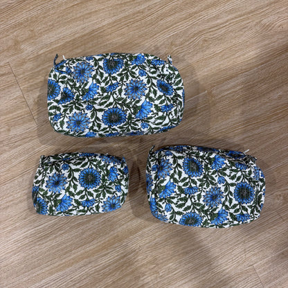 3 Piece Blue Floral Zipper Pouch