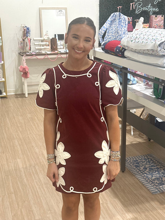 Floral Trim Maroon Dress
