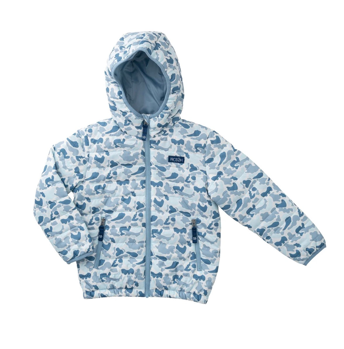 Hooded Puffer Jacket in Blue Camo