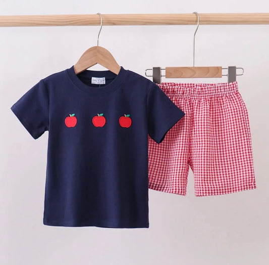 Navy Apple Embroidery Short Set