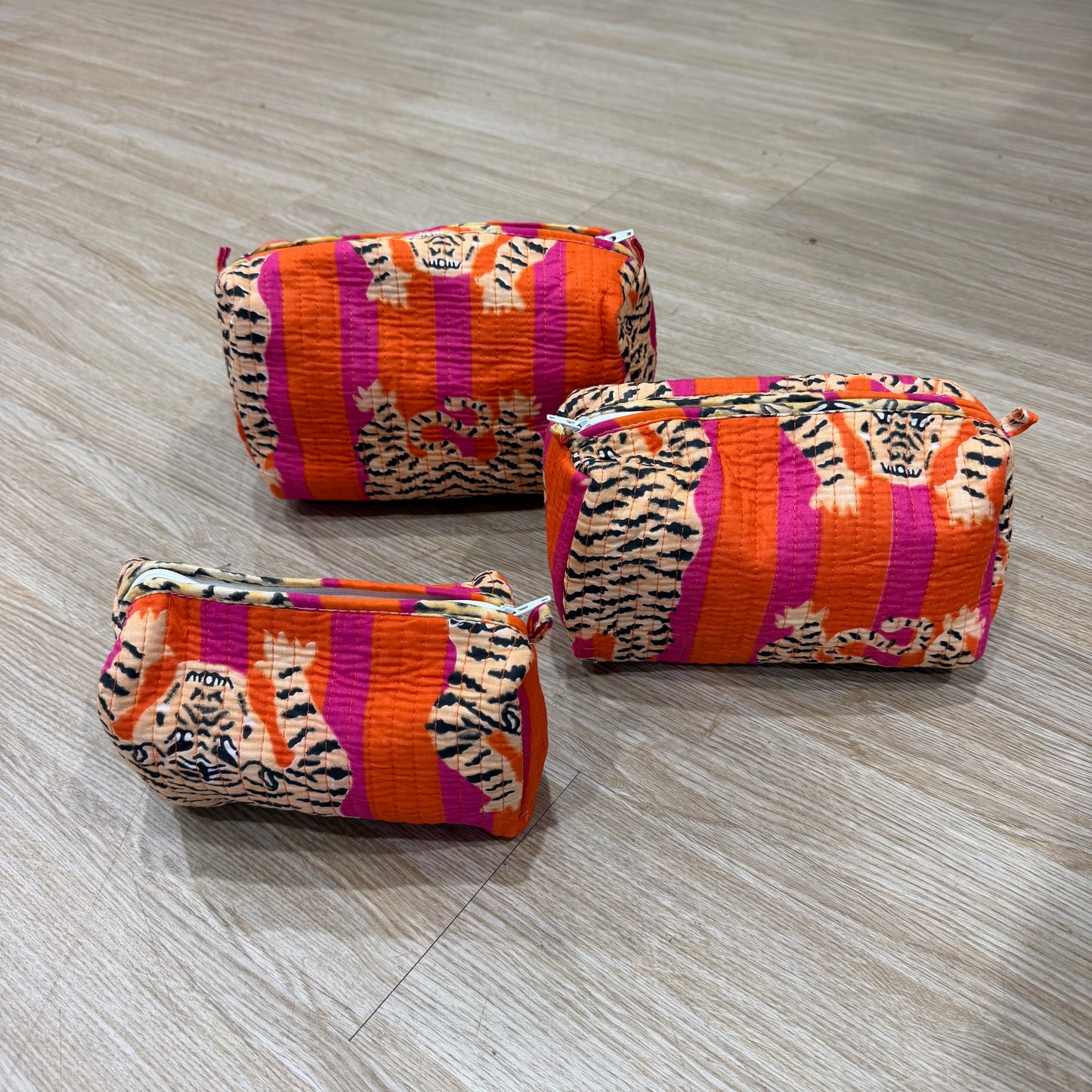 3 Piece Pink & Orange Tiger Zipper Pouch