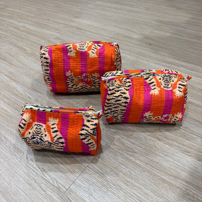 3 Piece Pink & Orange Tiger Zipper Pouch