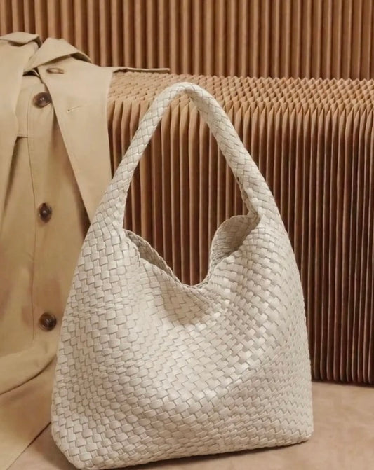 Beige Woven Tote w/ Pocket