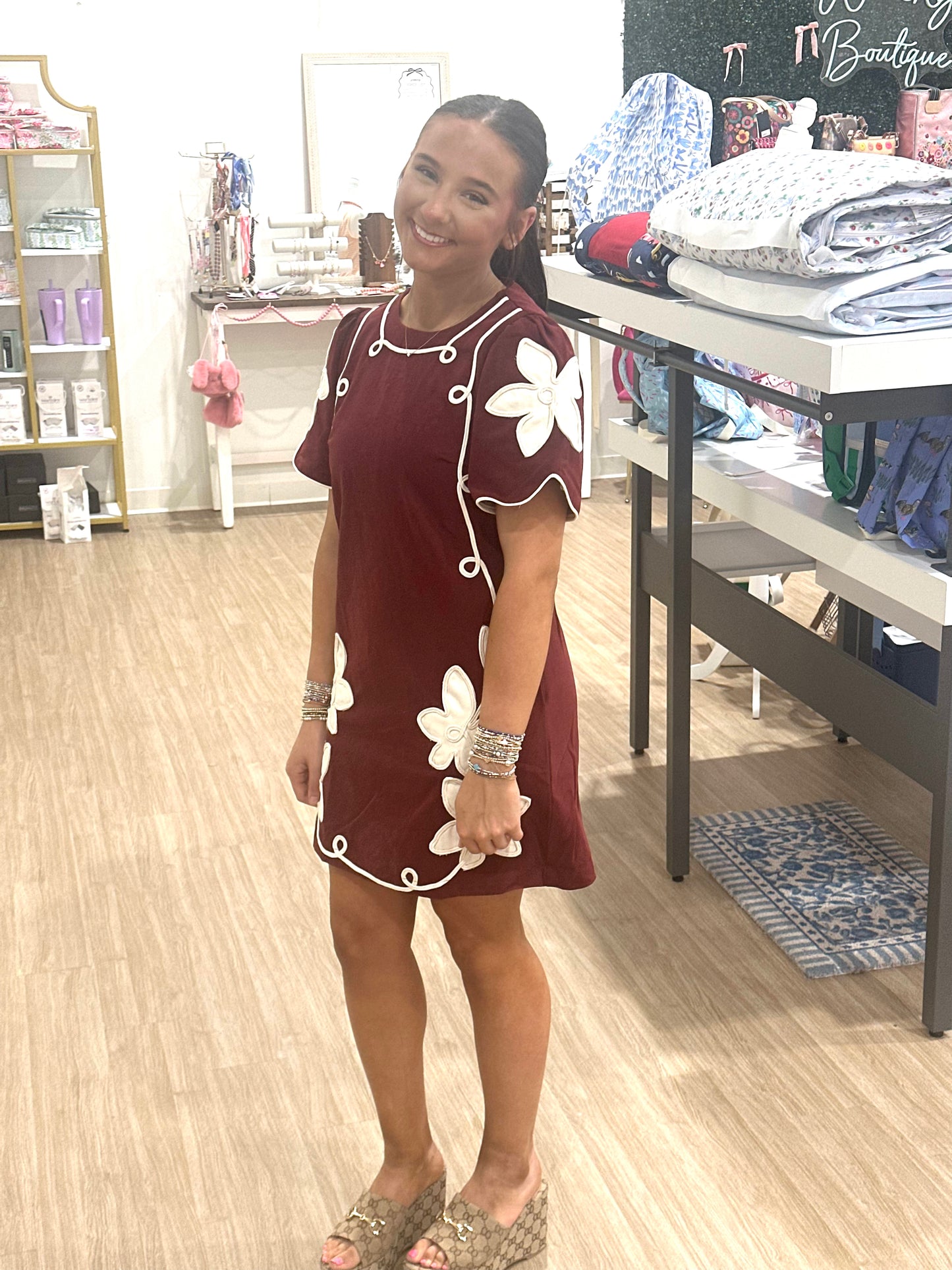 Floral Trim Maroon Dress