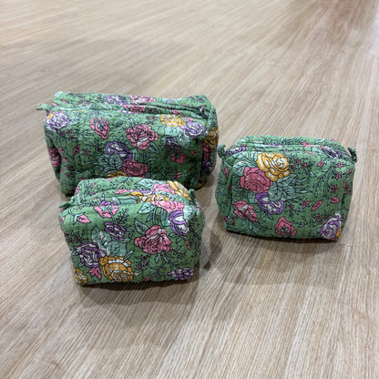 3 Piece Green Floral Zipper Pouch