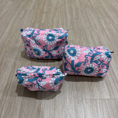 3 Piece Pink & Turquoise Zipper Pouch