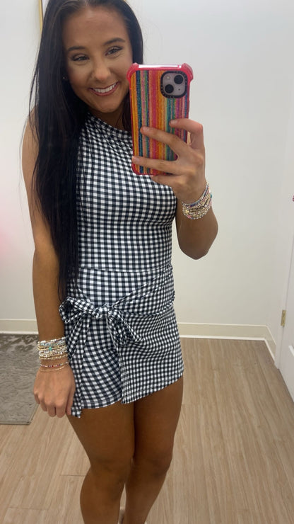 Black Gingham Front Tie Wrap Dress