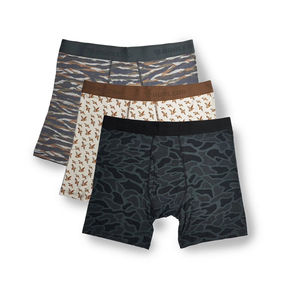 Burlebo Boxer Briefs - Black Camo, Mallards Flying In, & Tiger Stripe Camo Wetland