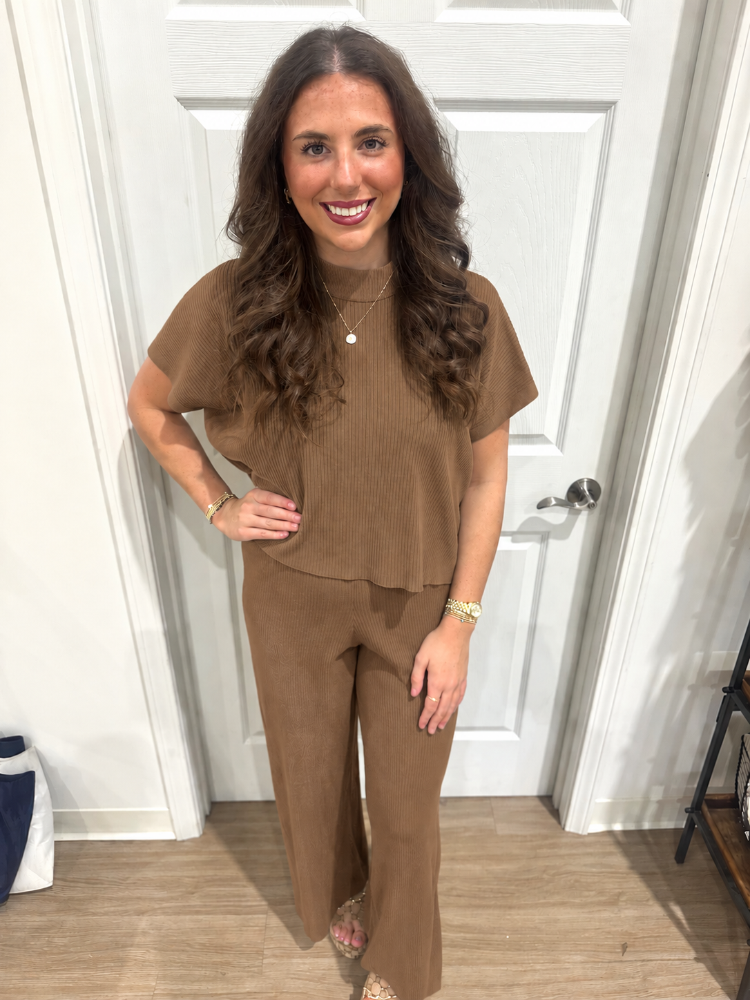 Mock Neck Sweater Pant Set-Camel