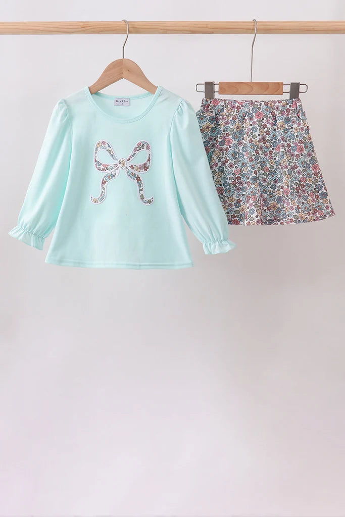Blue Floral Bow Appliqué Skort Set