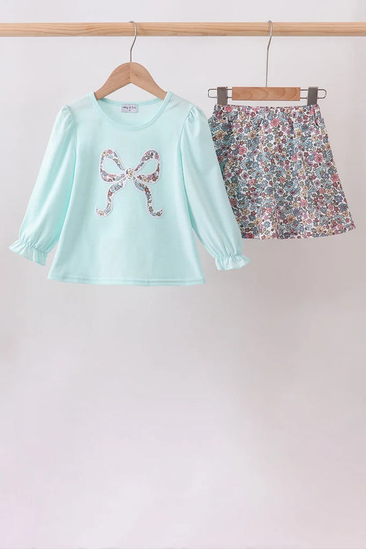 Blue Floral Bow Appliqué Skort Set