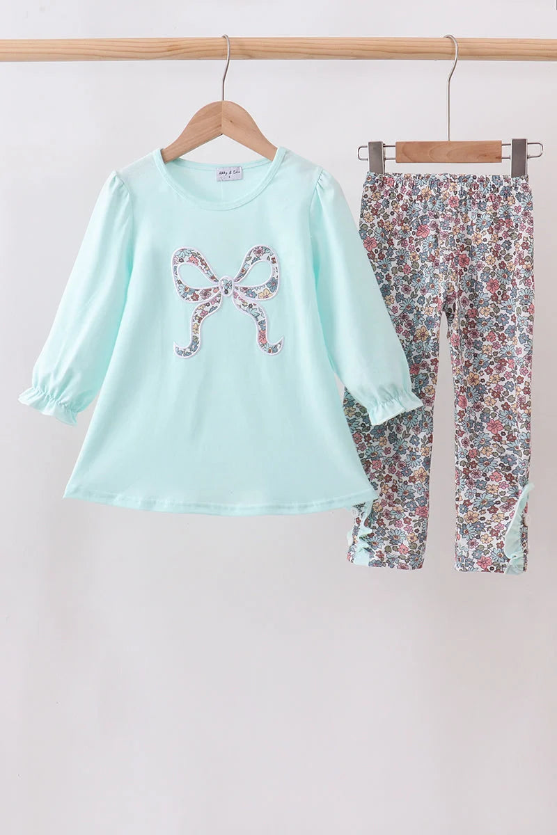 Blue Floral Bow Appliqué Pant Set