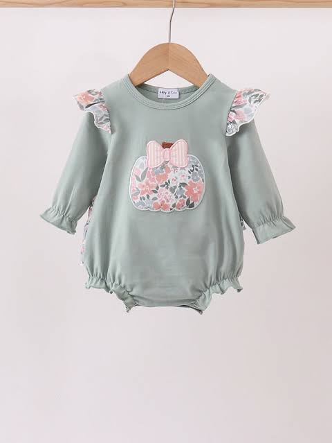 Sage Floral Appliqué Pumpkin Ruffle Bubble