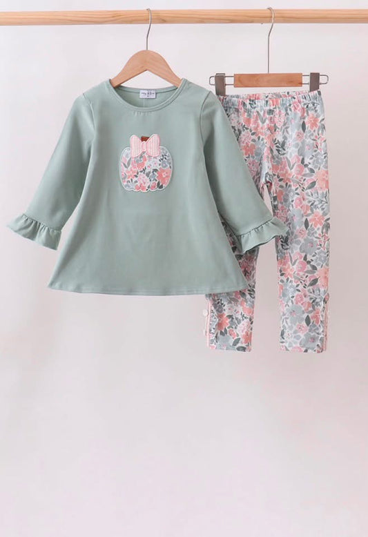 Sage Floral Appliqué Pumpkin Ruffle Pant Set